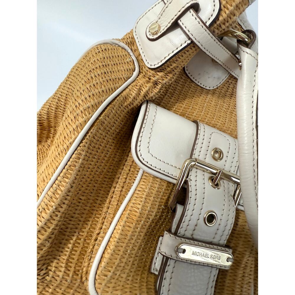 Michael Kors Straw Woven White Leather Shoulder Bag Gold Multiple Pockets - Picture 8 of 11